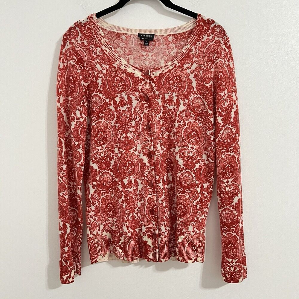 Talbots 100% Merino Wool Sweater Cardigan Size M Red Printed Button Front Artsy
